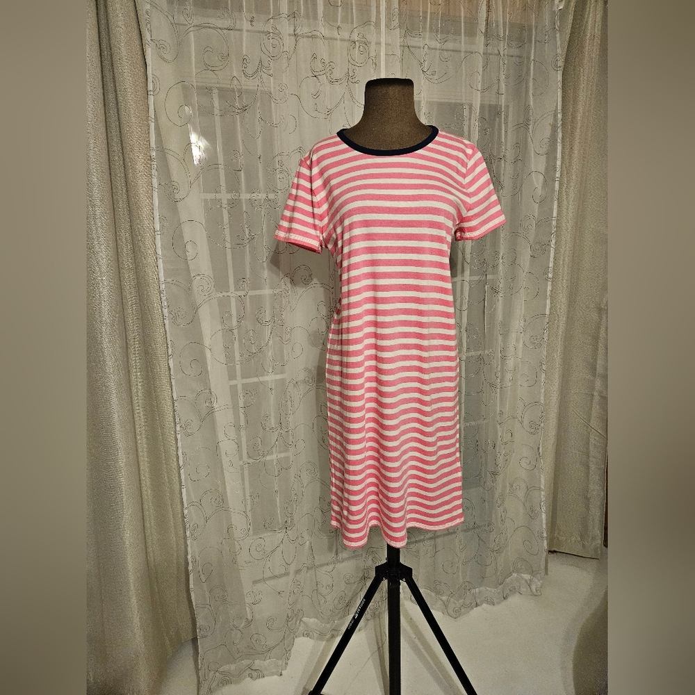 J. Crew NWT Pink White Holiday Stripped T-shirt Short Sleeve Midi Dress Medium